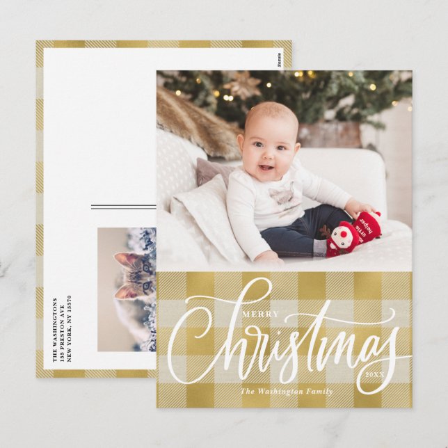 Postal Festiva Rustic Gold Plaid Merry Christmas Photo (Anverso / Reverso)