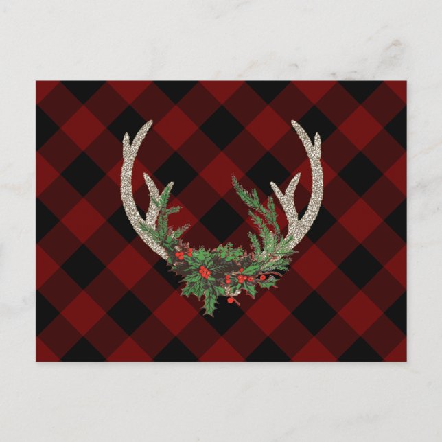 Postal Festiva Rústico Boho Deer Antlers | Navidades Plaid Floral (Anverso)