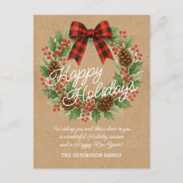 Postal Festiva Rústico Holly Wreath Red Black Checkup Bow
