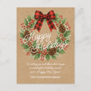 Postal Festiva Rústico Holly Wreath Red Black Checkup Bow