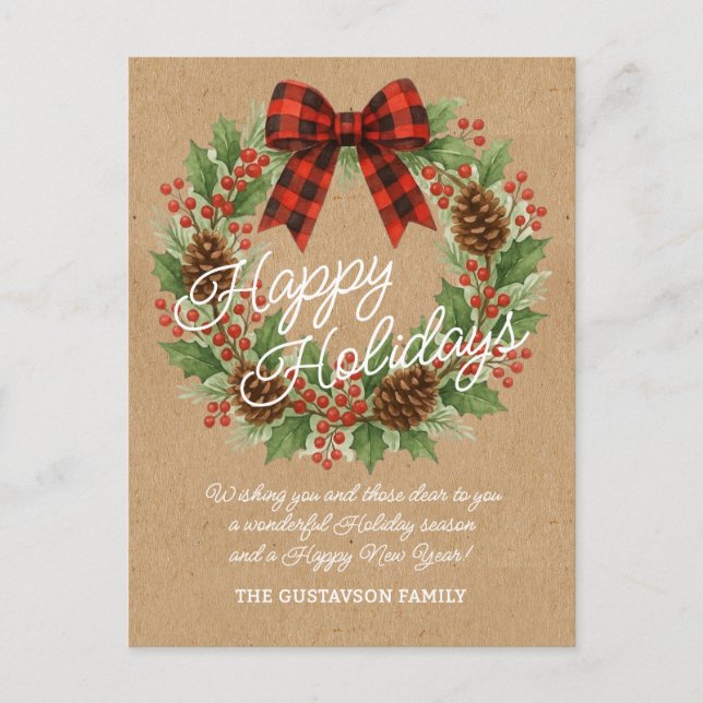 Postal Festiva Rústico Holly Wreath Red Black Checkup Bow (Anverso)