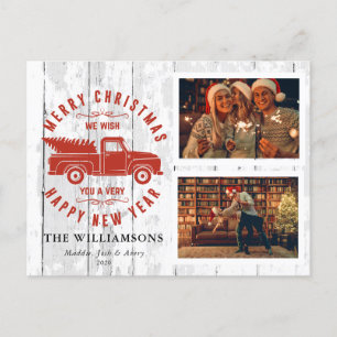 Postal Festiva Rústico Merry Christmas Tree Red Truck Photo