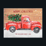 Postal Festiva Rústico Merry Christmas Tree Vintage Red Truck Nom<br><div class="desc">Esta rústica tarjeta de Navidades de camiones rojos de época cuenta con un camión rojo rústico con árbol de Navidad y nieve sobre un fondo de madera. Personalice con su personalizado saludos y nombres.</div>