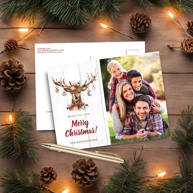 Postal Festiva Rústico Navidades de la dieta en ornamentos de cie (Rustic Cute Christmas Deer Ornaments Holiday Photo Postcard)