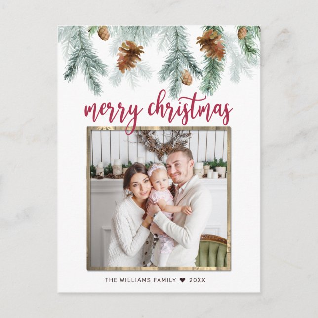 Postal Festiva Rústico Rojo Merry Christmas Pine Cones Foto (Anverso)