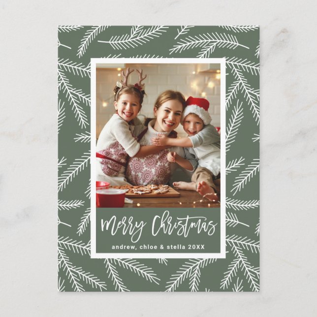 Postal Festiva Sage Green | Pine Branch Merry Christmas Photo (Anverso)