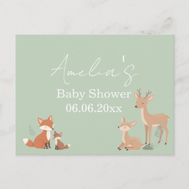 Postal Festiva Sage Green Woodland Animal Baby Shower Invitation (Anverso)