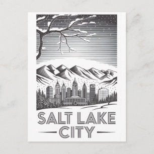 Postal Festiva Salt Lake City Utah horizonte negro blanco grabado