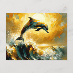 Postal Festiva Salto de delfín en océano dorado