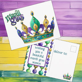 Postal Festiva Saludo de Mardi Gras con Corona y Cuentas