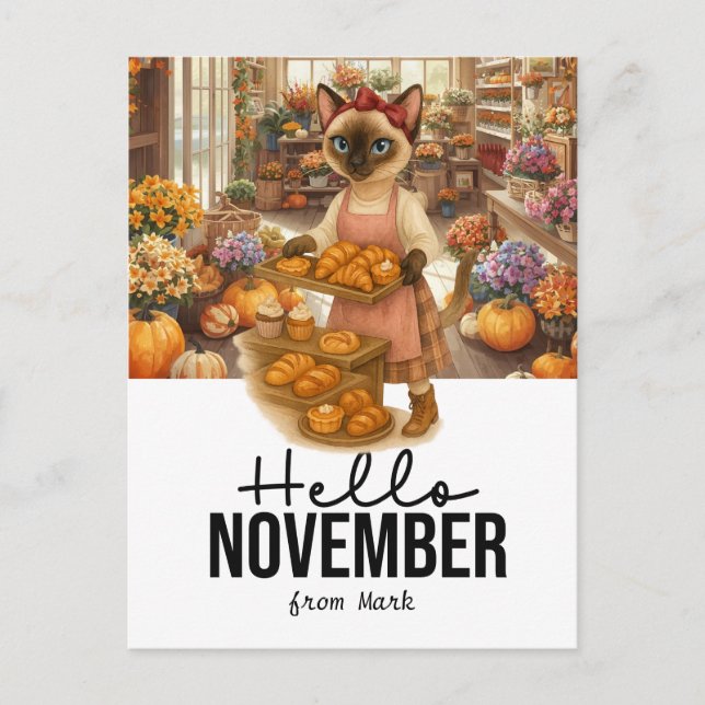 Postal Festiva Saludo de noviembre desde la panadería Cat Lovers (Anverso)