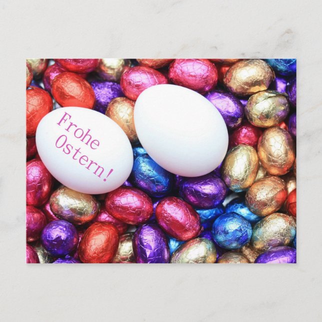 Postal Festiva Saludo de Pascua alemán con huevos de chocolate (Anverso)