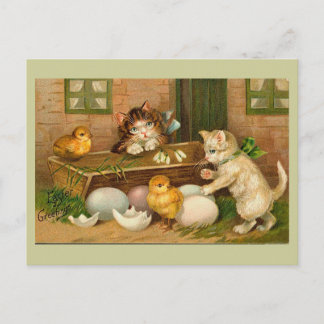 Postal Festiva Saludo de Pascua del vintage de los gatitos y de