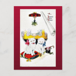 Postal Festiva Saludo del Año Nuevo con sentarse de dos gatos