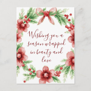 Postal Festiva Saludo Navideño de Muérdago Elegante y Flores Rosa