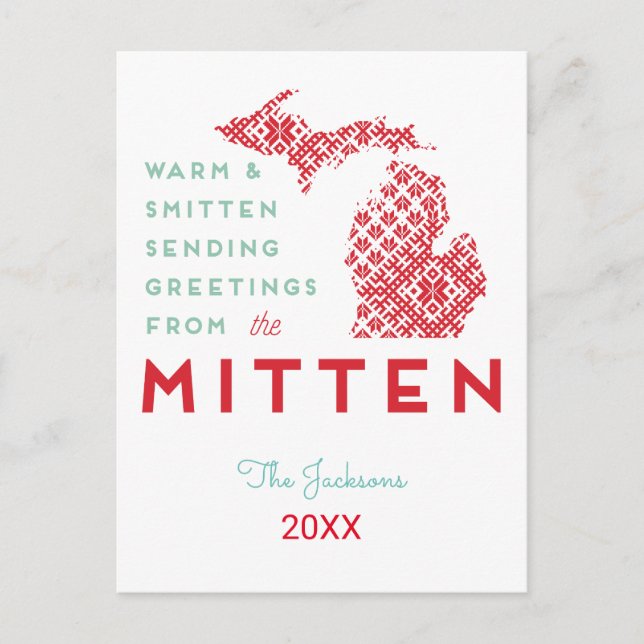 Postal Festiva Saludos cálidos y cordiales del Mitten MI (Anverso)