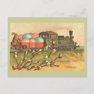 Postal Festiva Saludos de Pascua con el vintage del tren del