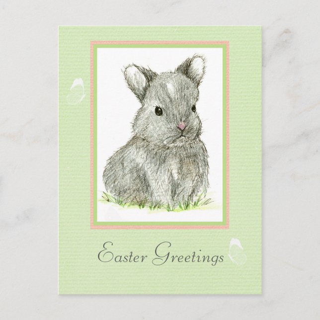 Postal Festiva Saludos de Pascua Gray Baby Conejo (Anverso)