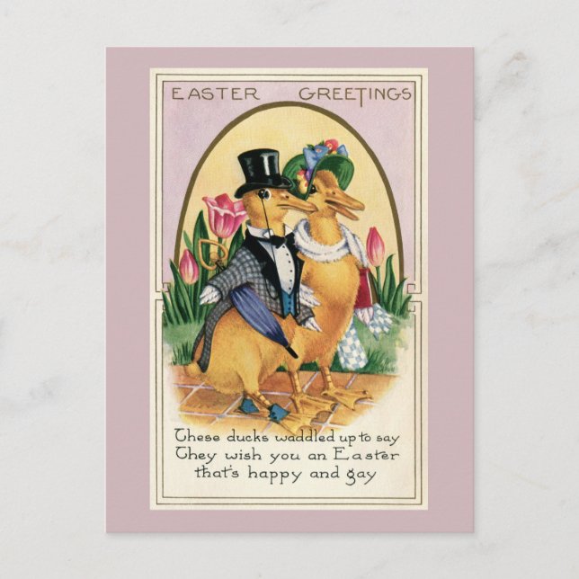 Postal Festiva Saludos de Pascua lindo patos victorianos par vers (Anverso)