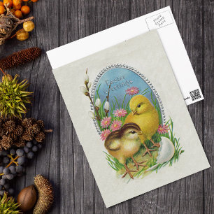 Postal Festiva Saludos de Pascua Pollitos Amarillos Flores