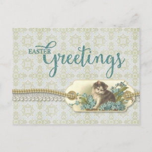 Postal Festiva Saludos de Pascua Reproducción de Gatito Vintage