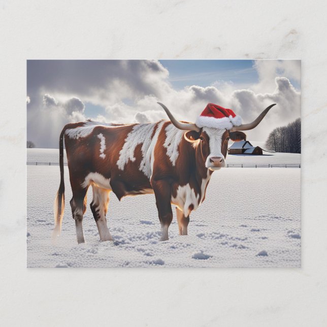Postal Festiva Saludos de temporada a Navidades de Longhorn Cow (Anverso)
