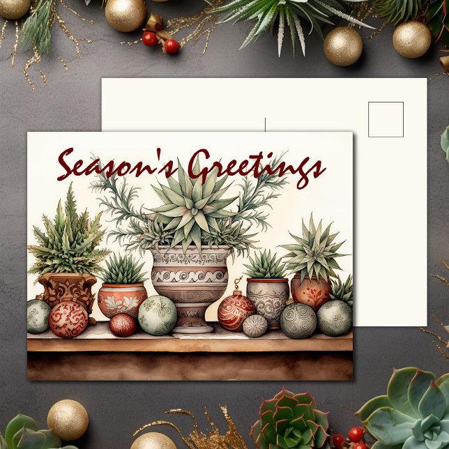 Postal Festiva Saludos de temporada a suculentos Navidades (Season's Greetings Potted Succulents Christmas Holiday Postcard)