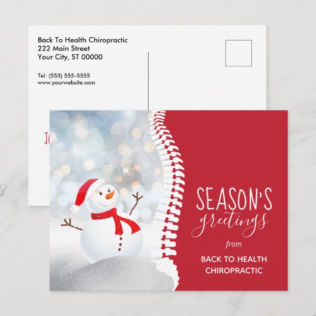 Postal Festiva Saludos de temporada Chiropractica de Snowman (Anverso / Reverso)