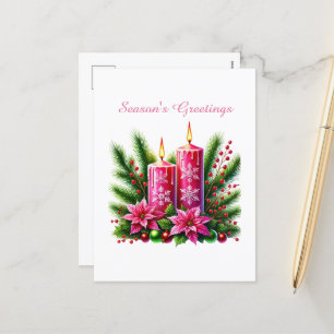 Postal Festiva Saludos de temporada con velas rosas