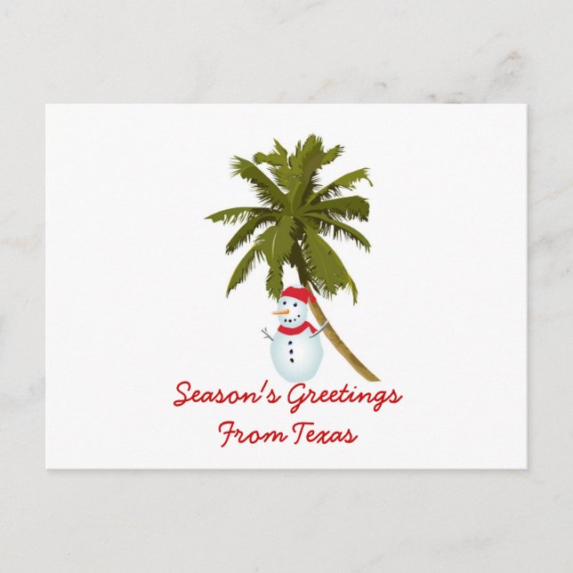 Postal Festiva Saludos de temporada desde Texas, palmera de Snowm (Anverso)
