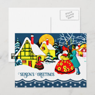 Postal Festiva Saludos de temporada. Escena navideña vintage