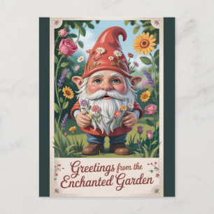 Postal Festiva "Saludos desde el Jardín Encantado" Gnomo