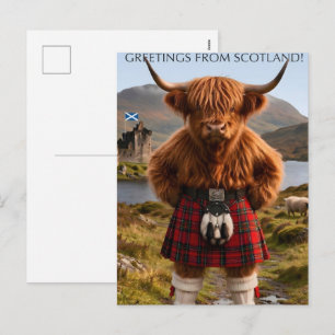 Postal Festiva "Saludos desde Escocia" Diseño de Vaca de las Tier