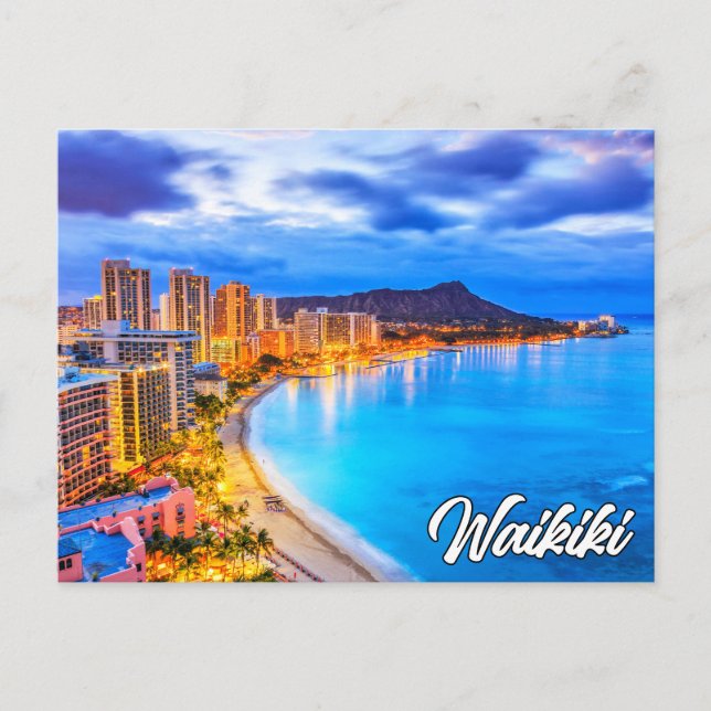 Postal Festiva Saludos desde Waikiki, Hawaii, EEUU (Anverso)