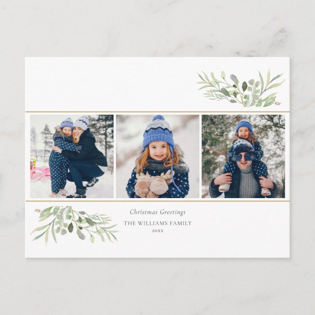 Postal Festiva Saludos navideños 3 Fotografía Verde Moderno (Anverso)