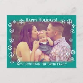 Postal Festiva Saludos Navideños Verde con nieve y signos de paz