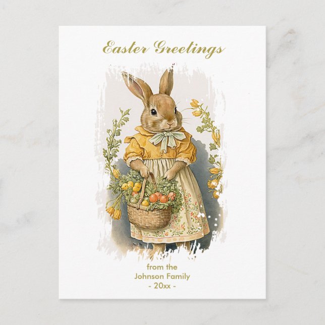 Postal Festiva Saludos personalizados de Pascua, conejita de époc (Anverso)