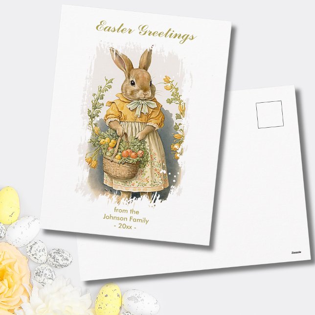 Postal Festiva Saludos personalizados de Pascua Conejo vintage li (Add Family name & Year to personalize.  All text is editable)