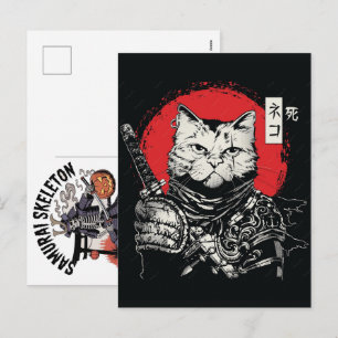 Postal Festiva Samurái Gato Negro Guerrero Japonés Vintage 