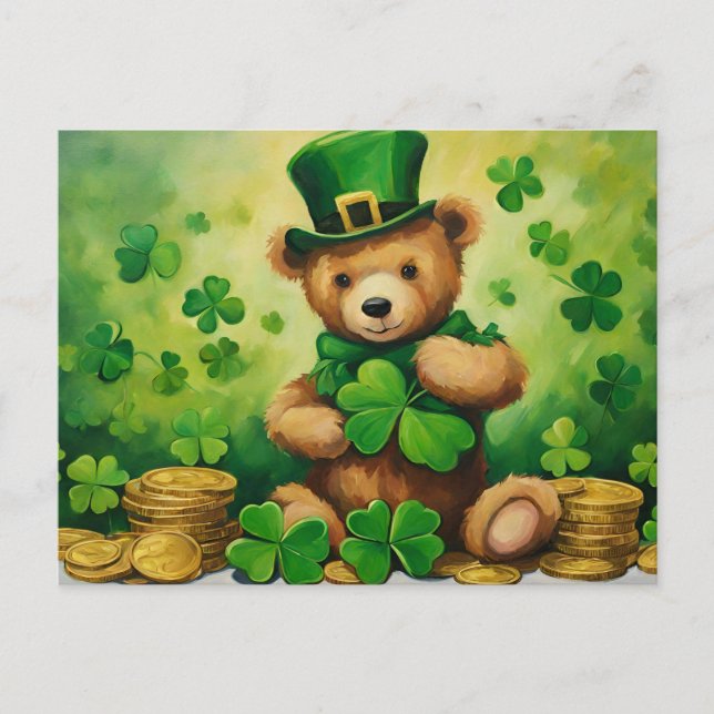 Postal Festiva San Patricio Oso de Teddy con Shamrock, monedas (Anverso)