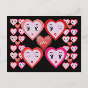 Postal Festiva San Valentín ama los corazones y caras de los dulc