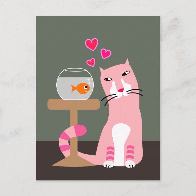 Postal Festiva San Valentín de gato y pez dorado (Anverso)