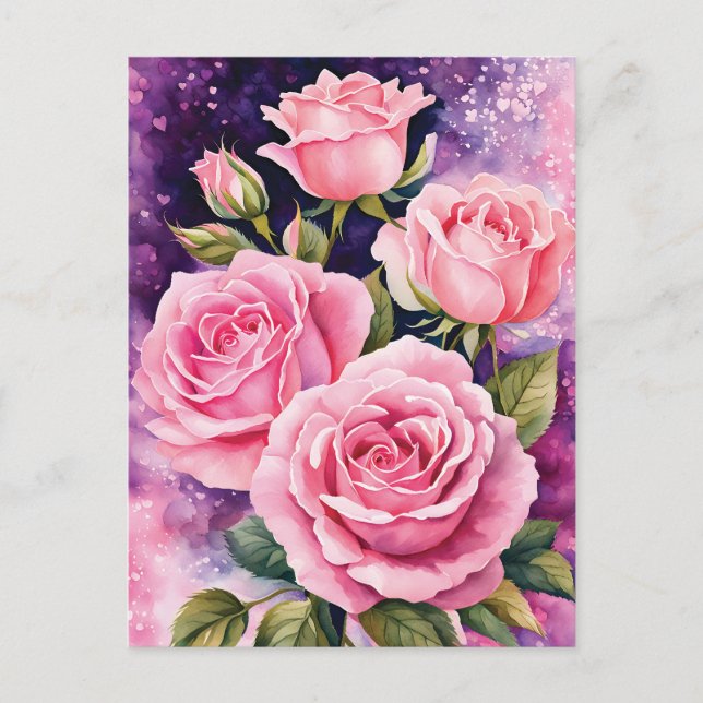 Postal Festiva San Valentín de rosas rosadas románticas (Anverso)