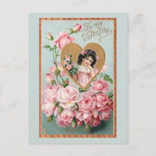 Postal Festiva San Valentín vintage con rosas rosadas y corazón d