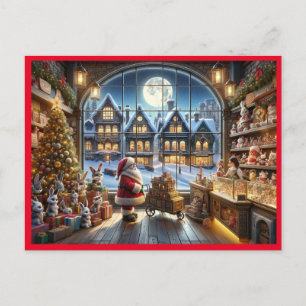 Postal Festiva Sanda Claus en la tienda de juguetes