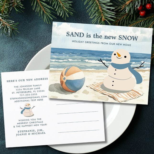 Postal Festiva Sandy Snowman Beach Scene Nueva Dirección (Sandy Snowman Beach Scene New Address Holiday Moving Announcement Postcard)