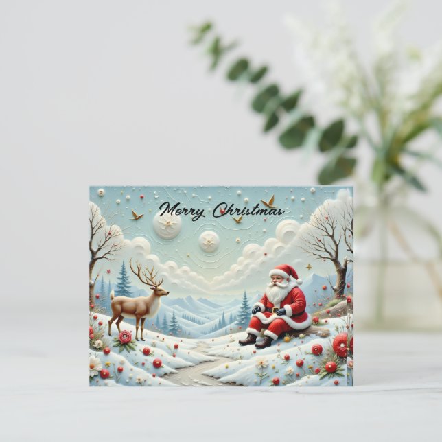 Postal Festiva Santa and His Reindeer in Snowy Landscape (Anverso de pie)