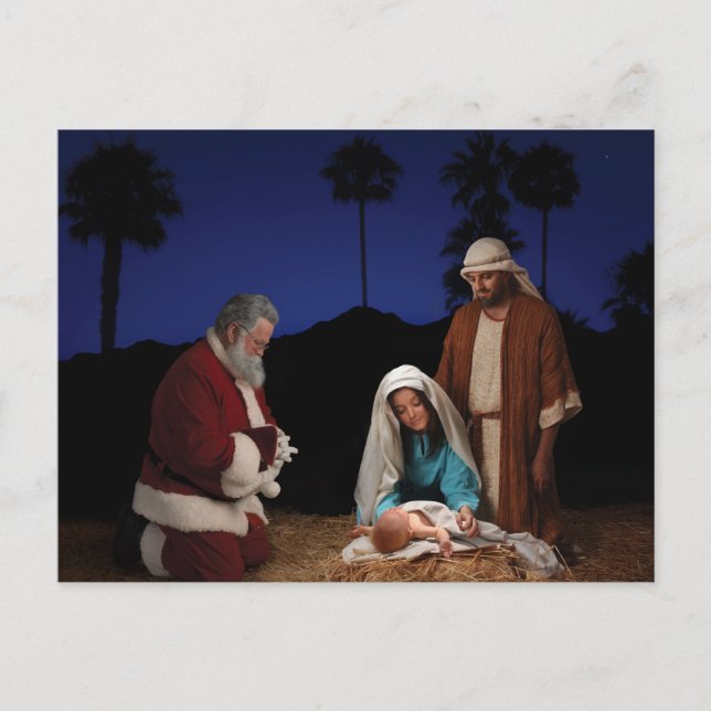 Postal Festiva Santa arrodillada en la Natividad (Anverso)