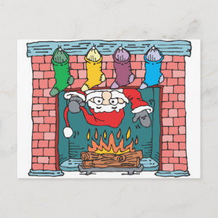 Postal Festiva santa asomando en la chimenea