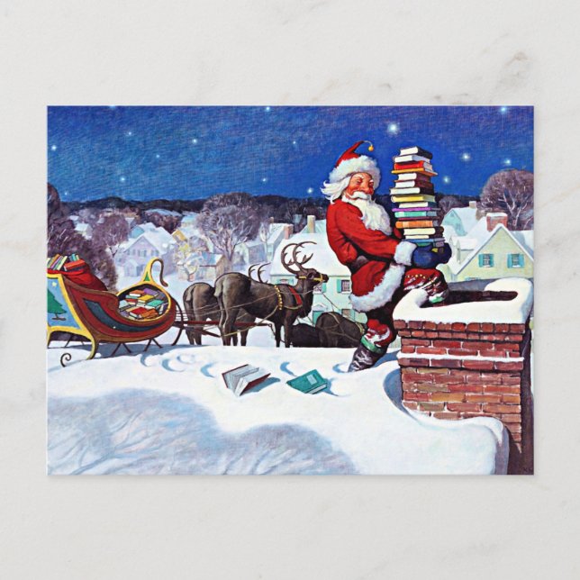 Postal Festiva Santa bajando la chimenea para entregar libros (Anverso)